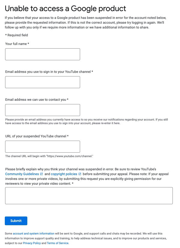 Youtube appeal form terminated channel