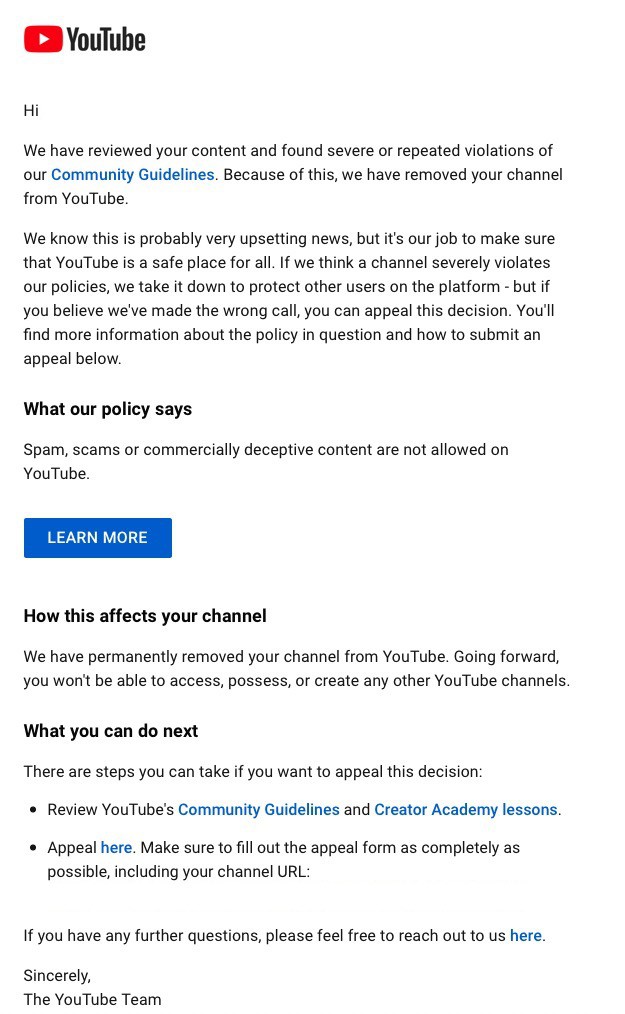 Youtube channel removal email