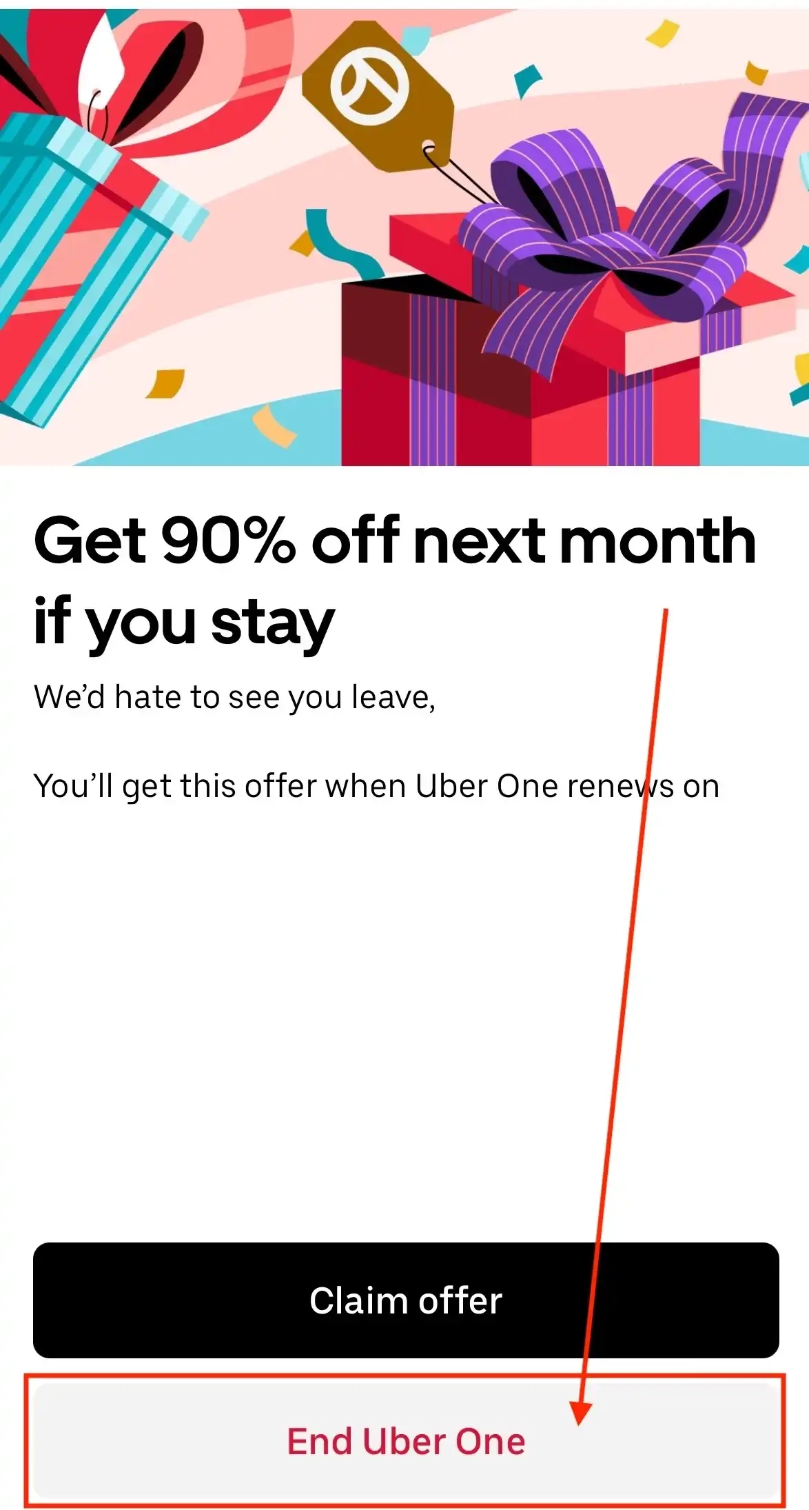 End uber one confirmation screen