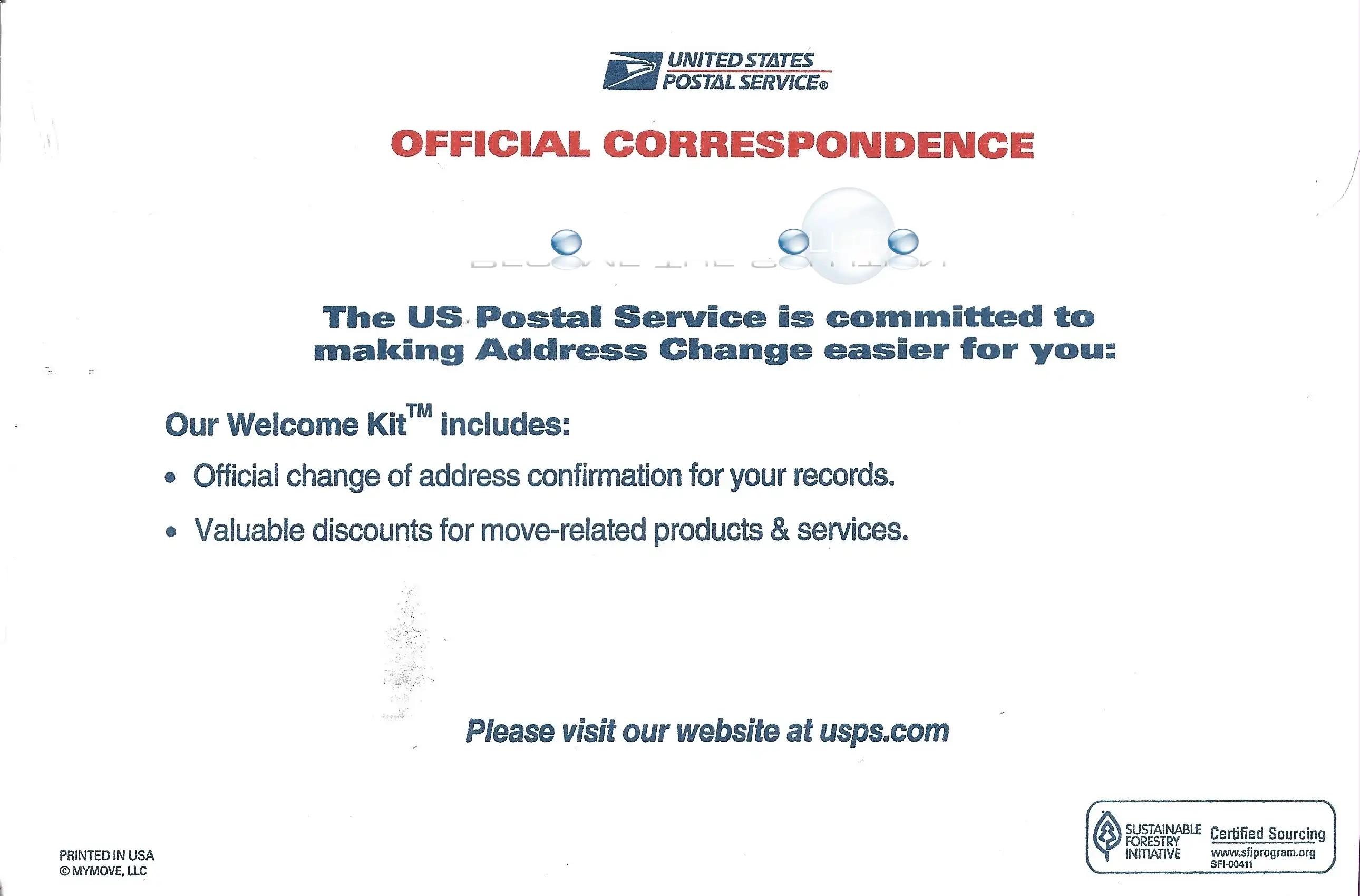 United States Postal Service USPS – Official Change-of-Address Confirmation Letter Envelope Back