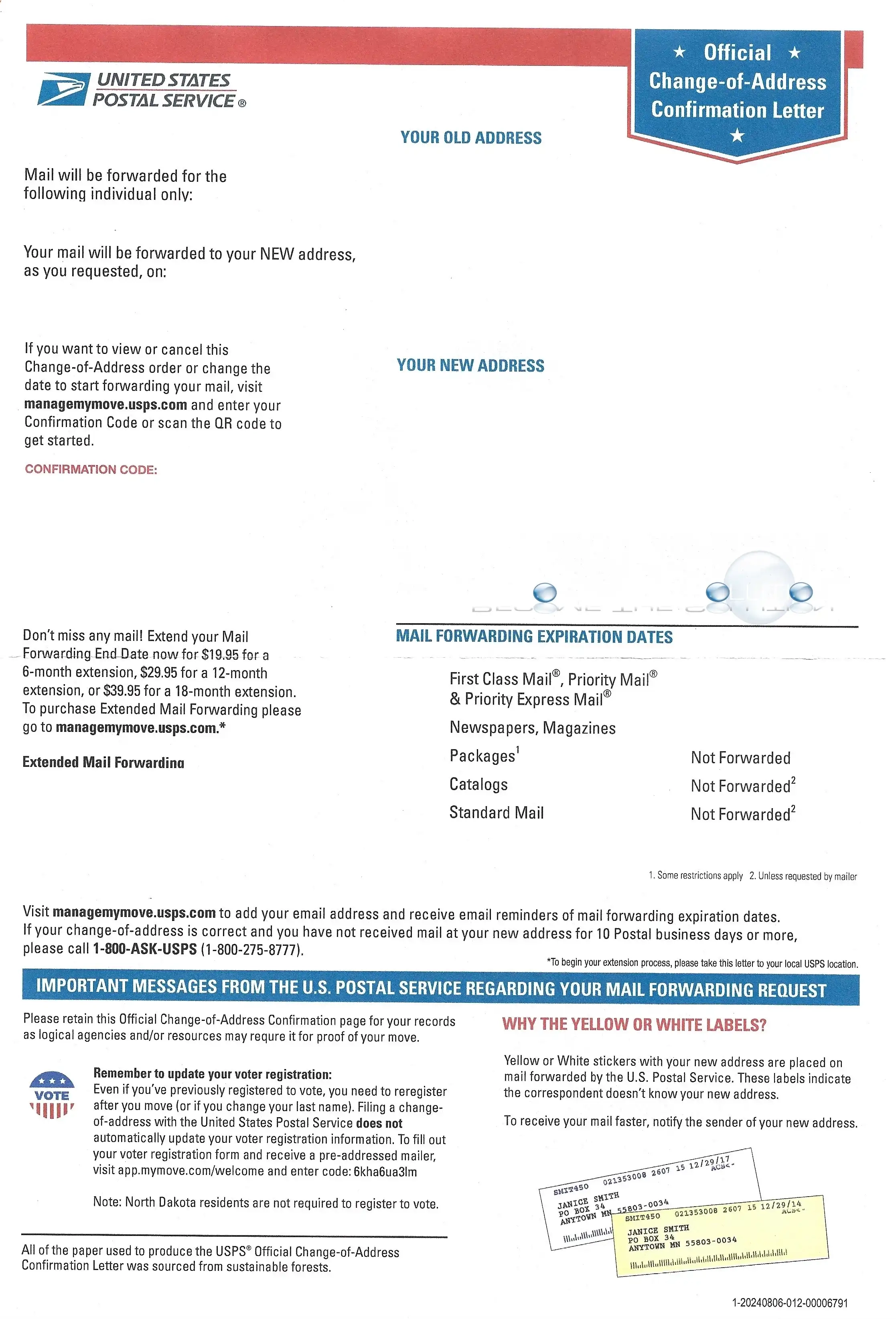 United States Postal Service USPS – Official Change-of-Address Confirmation Letter