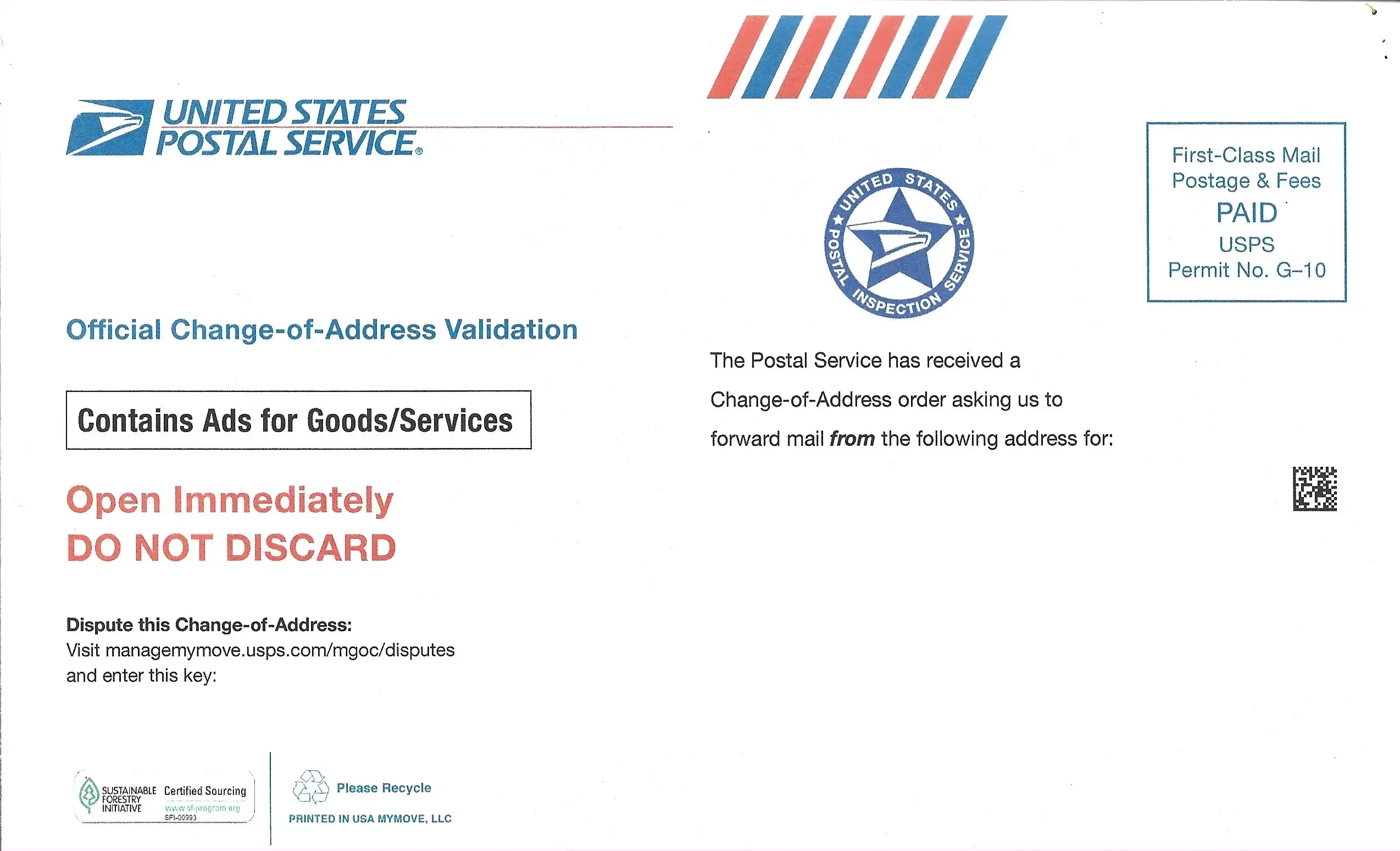 USPS United States Postal Service Official Change Of Address Validation Letter Front