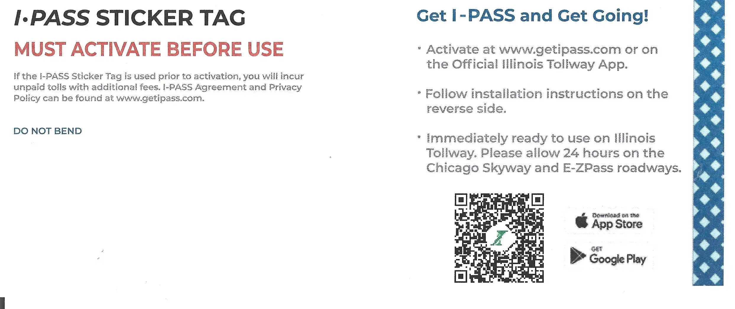 Illinois I-Pass Sticker Tag Installation Instructions Mailer