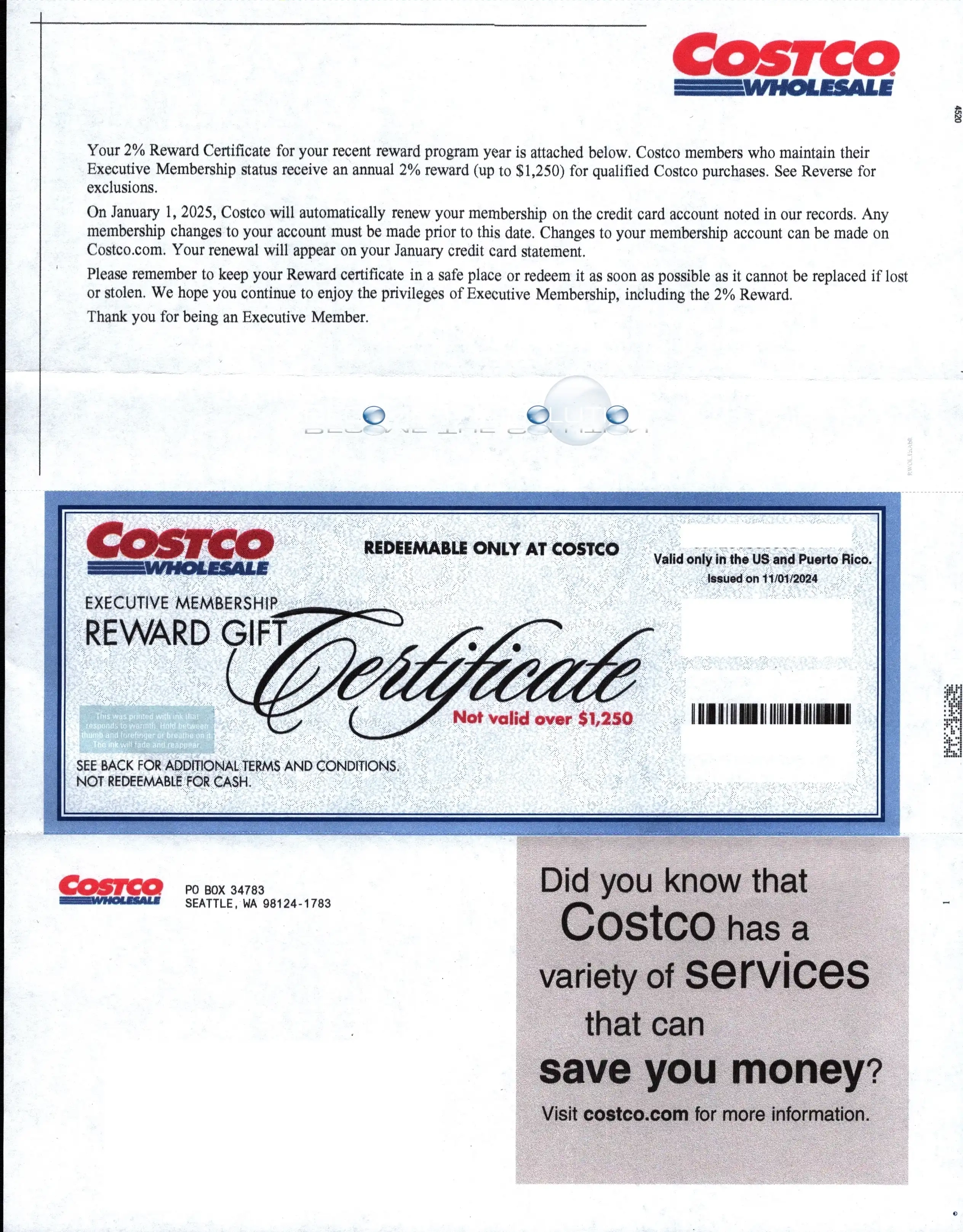 Costco Executive 2% Reward Certificate Check Mailer Example Letter