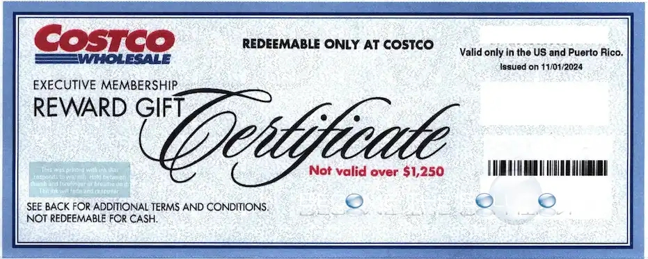 Costco Executive 2% Reward Certificate Check Mailer Example