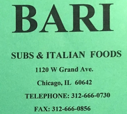 Bari Carry Out Menu Chicago (Scanned Menu With Prices)