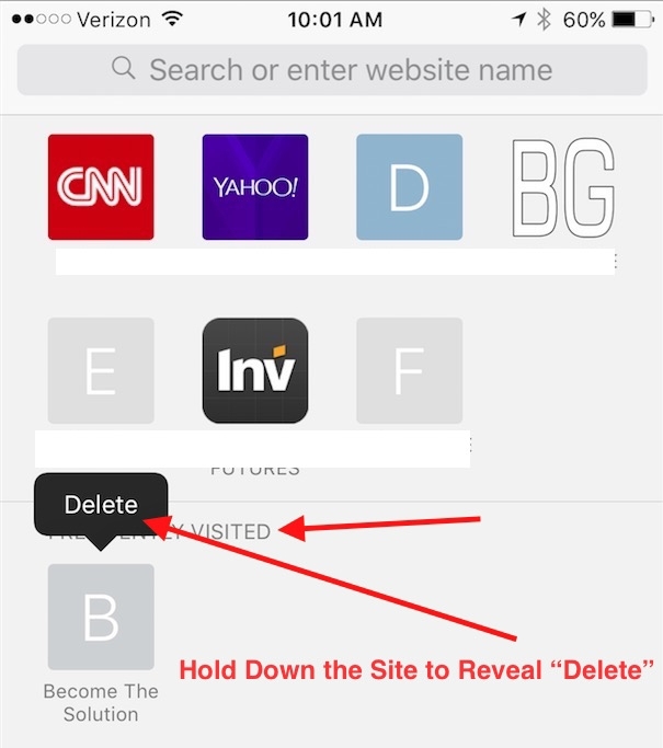 iPhone safari delete frequently visited sites