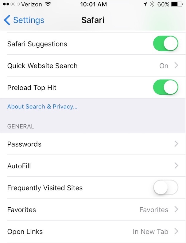 Iphone disable frequently visited sites