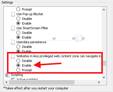 Internet explorer websites in less privileged web content