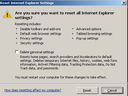 Reset IE Settings - Screen 2