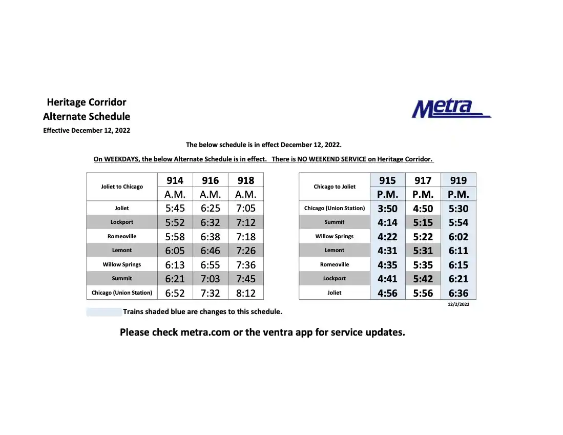 Metra heritage corridor weekday schedule