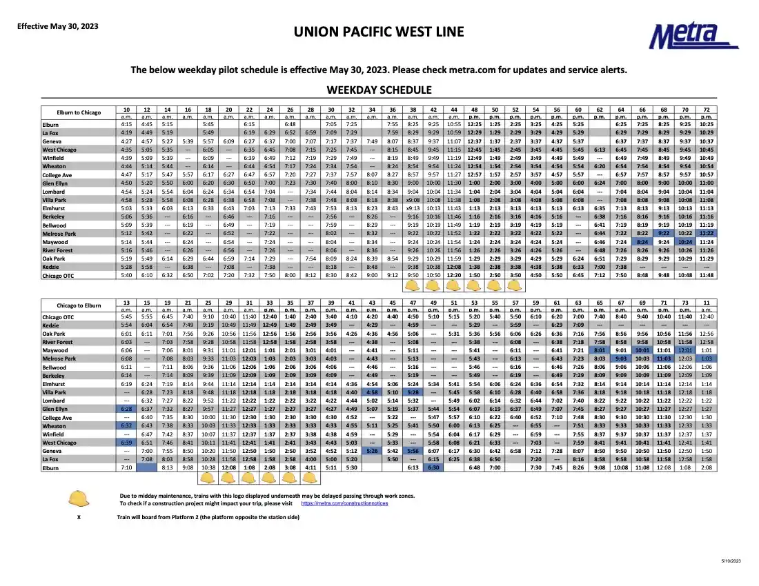 Metra union pacific west line weekdays